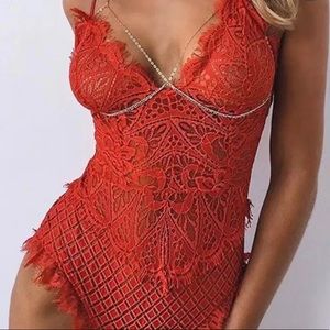 Red eyelash lace bodysuit teddy